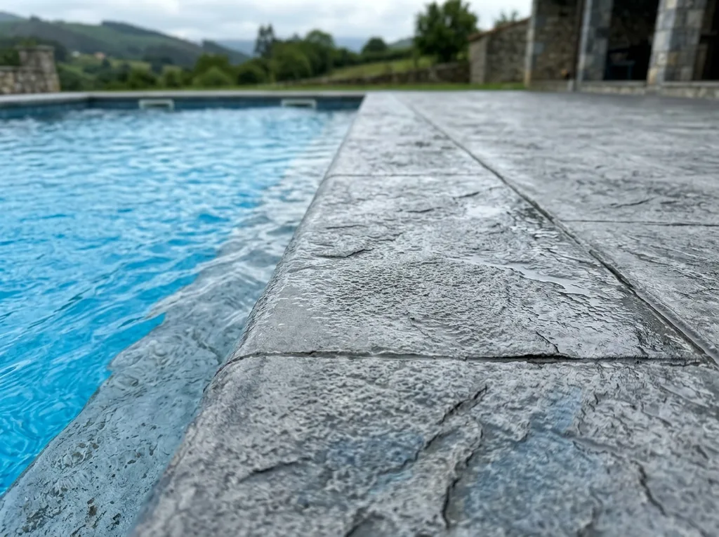 Borde perimetral piscina hormigón impreso · Santander (Cantabria) Borde perimetral antideslizante de piscina en hormigón impreso gris en Santander