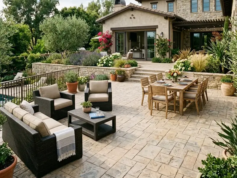 Terraza pavimentada con hormigón impreso