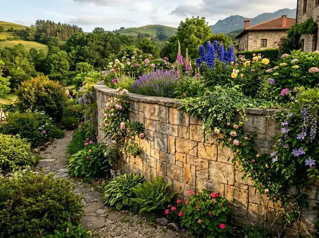 Muro de jardín decorativo con hormigón impreso vertical piedra caliza en Castro Urdiales