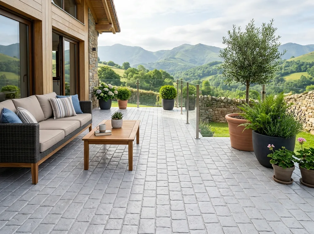 Terraza de vivienda con hormigón impreso adoquín gris y vistas a Cantabria