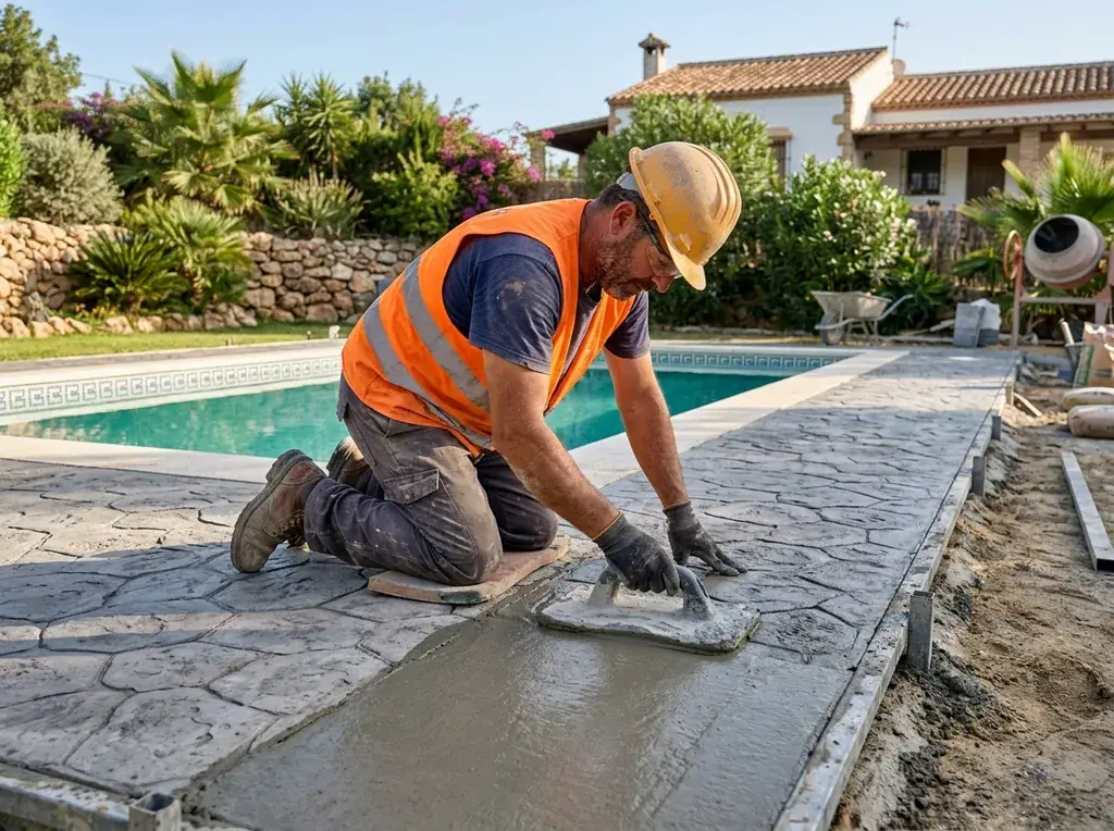 Ducha exterior piscina hormigón impreso · Cantabria Oficial aplicando hormigón impreso en ducha exterior de piscina